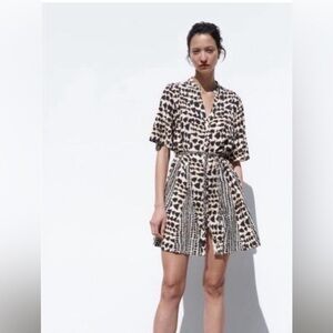 Zara Printed Dress | Ecru & Navy | Size XS